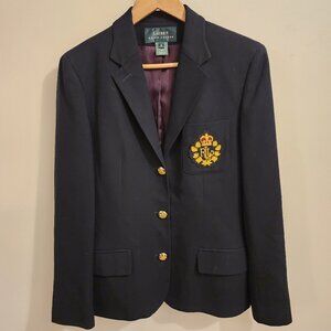 Lauren Ralph Lauren LRL Gold Crown Crest Worsted Wool USA VTG Navy Blue Blazer 8